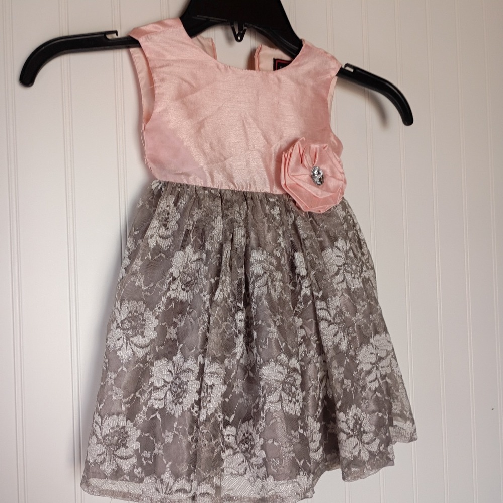 SugarPlum Baby Girls Dress 12Months Gray Pink Bow Lace Floral Wedding Sleeveless - Picture 2 of 10
